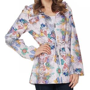 Susan Graver Multicolor Floral Packable Hooded Rain Jacket size 2X Cinch Waist